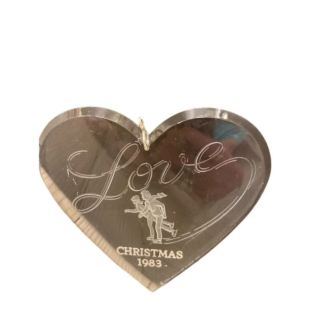 Clear Acrylic Christmas 1983 Ornament Love Ice Skaters Heart Shape 3 3/4